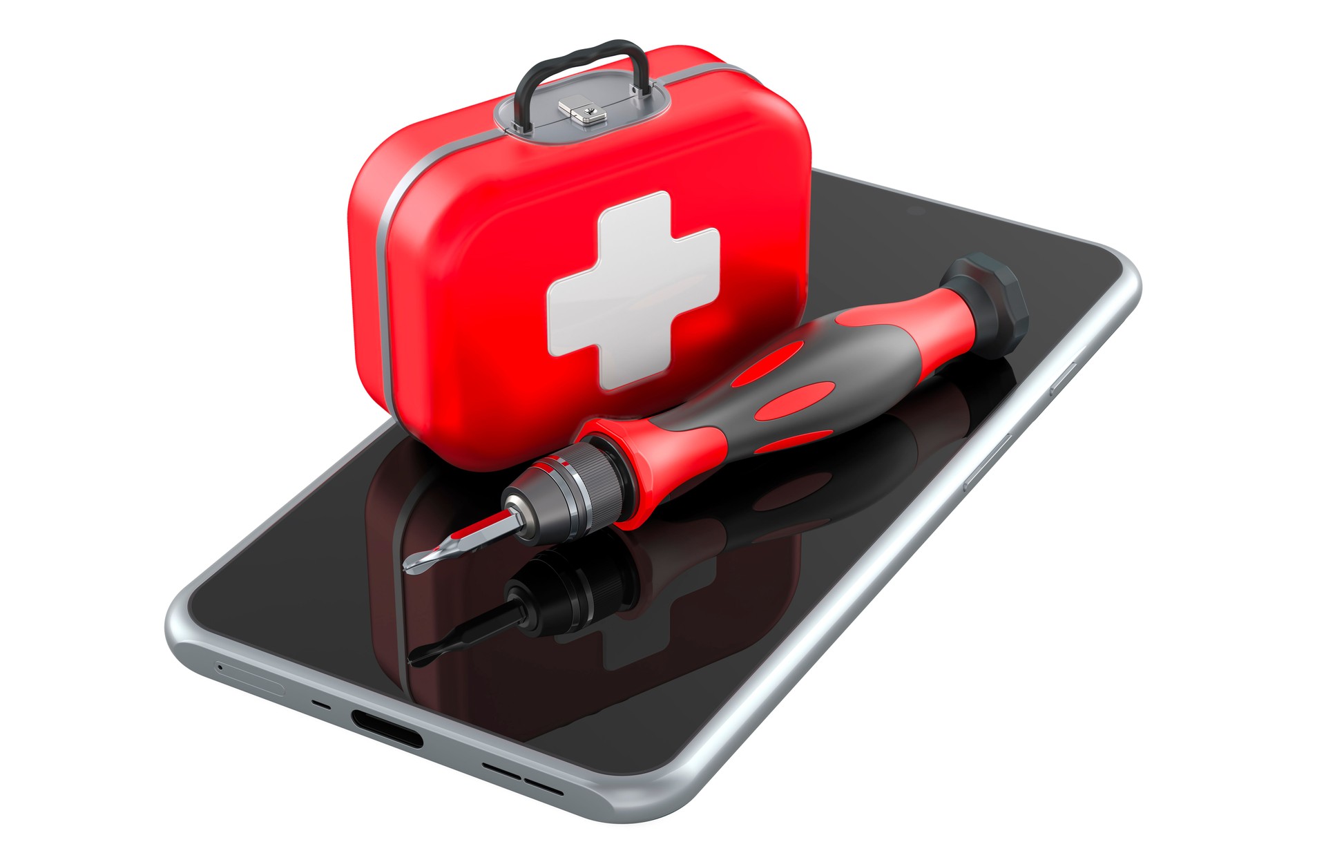 Smartphone with First Aid kit and precision screwdriver. Cell Phone Repair Service, concept. 3D rendering